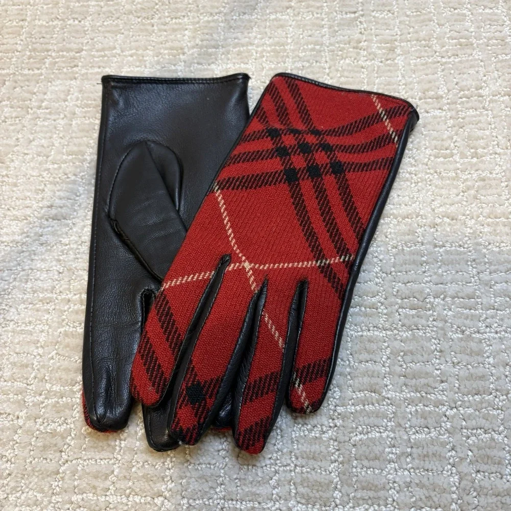 Burberry London Plaid Wool Leather Gloves Womens 7.5 Red Black Good Mixed Media‎